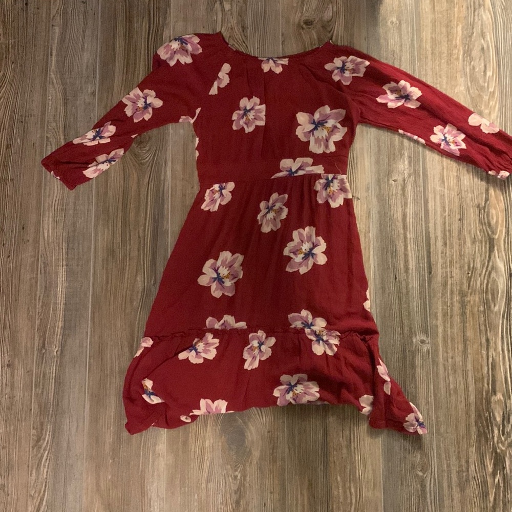 Red Long Sleeve Dress with Pink and White Flowers on it